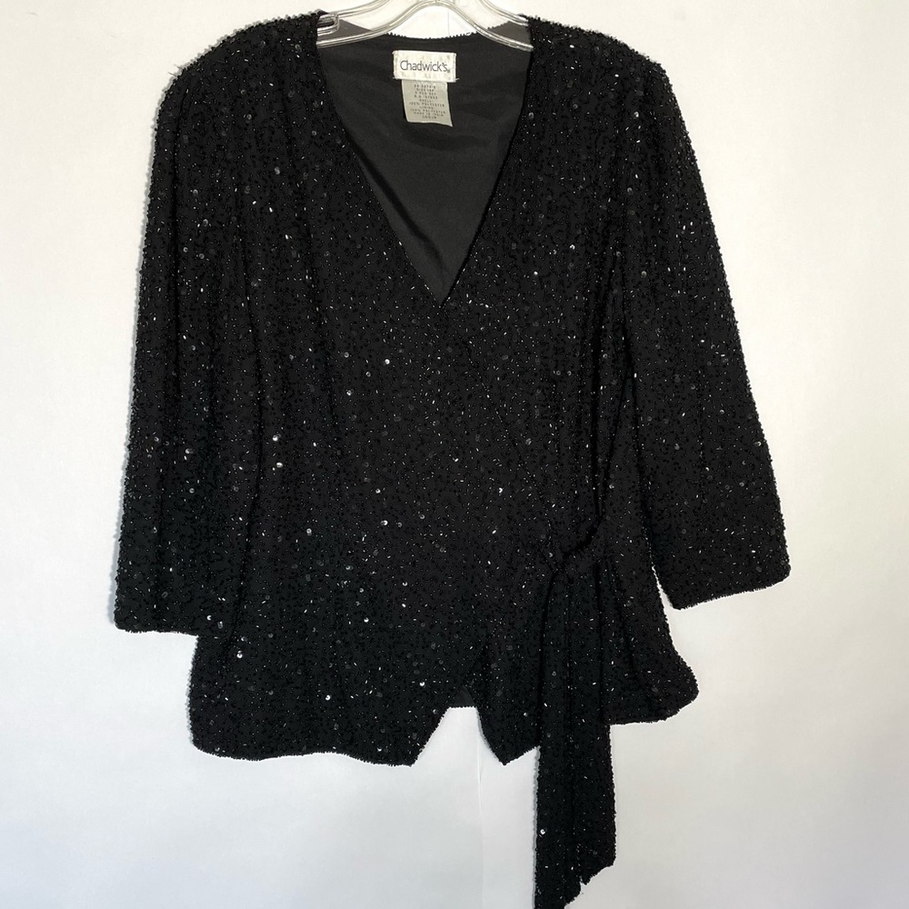 Chadwicks Black beaded sequined wrap top womens 14
